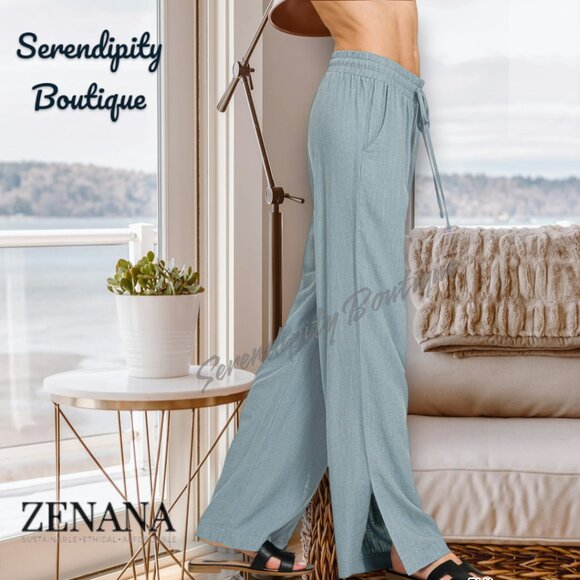 Zenana Oversized Comfy Flare Leg Elastic Drawstring Lightweight Linen Pant. - Picture 2 of 9